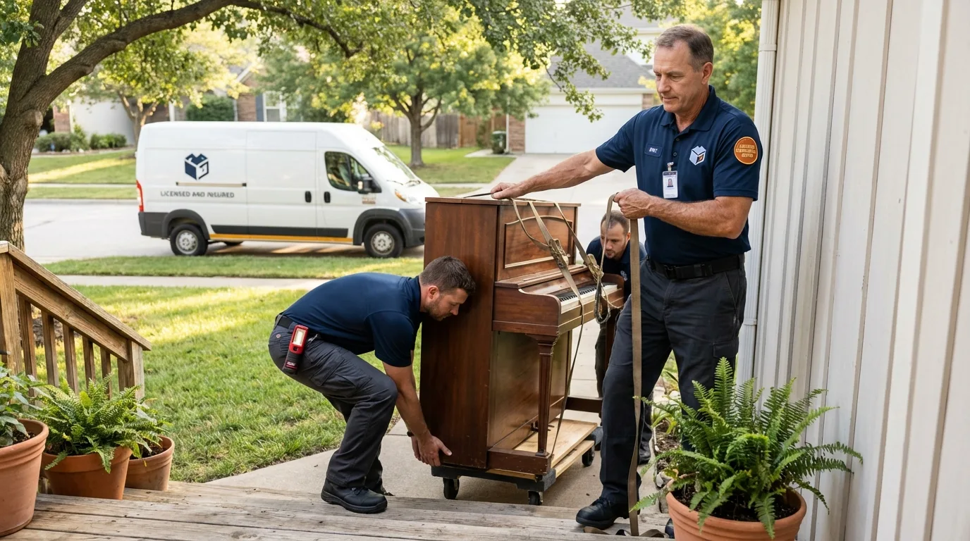 Licensed piano movers securing grand piano in Wayne City, IL