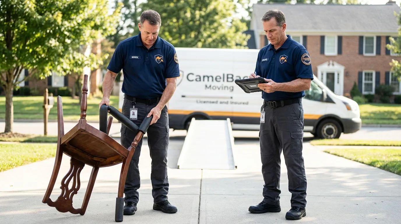Movers inspecting furniture for damage prevention before loading in Wayne City, IL