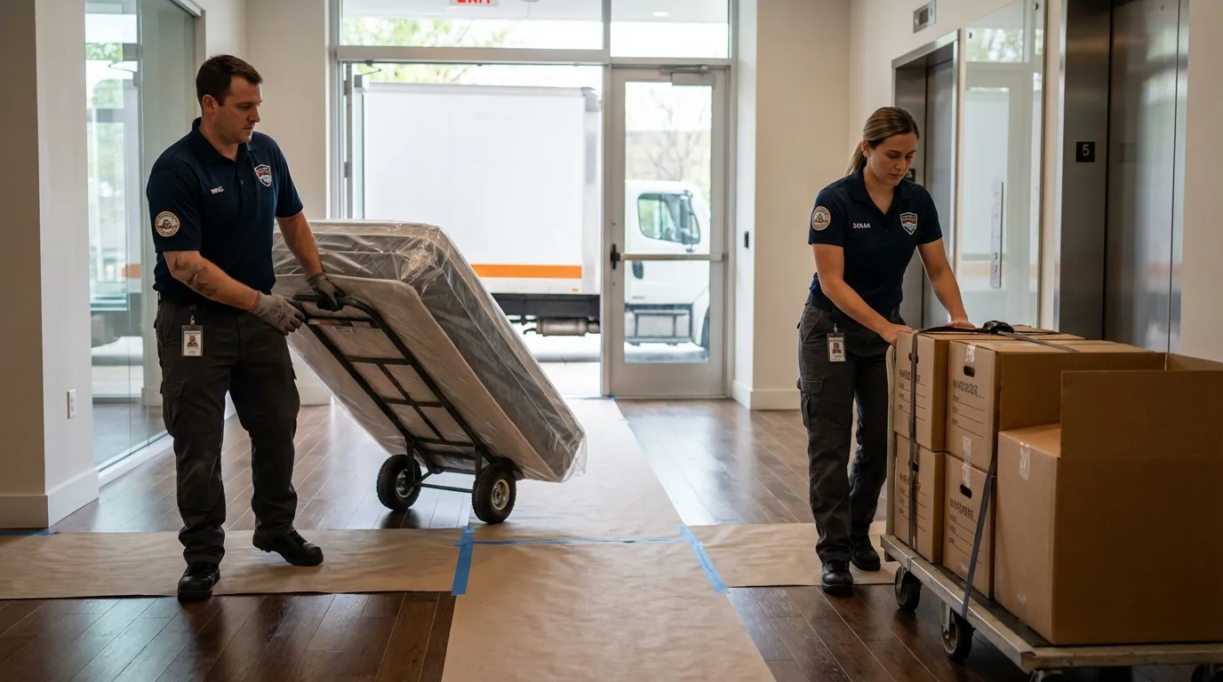 Professional apartment movers loading elevator in Wayne City, IL