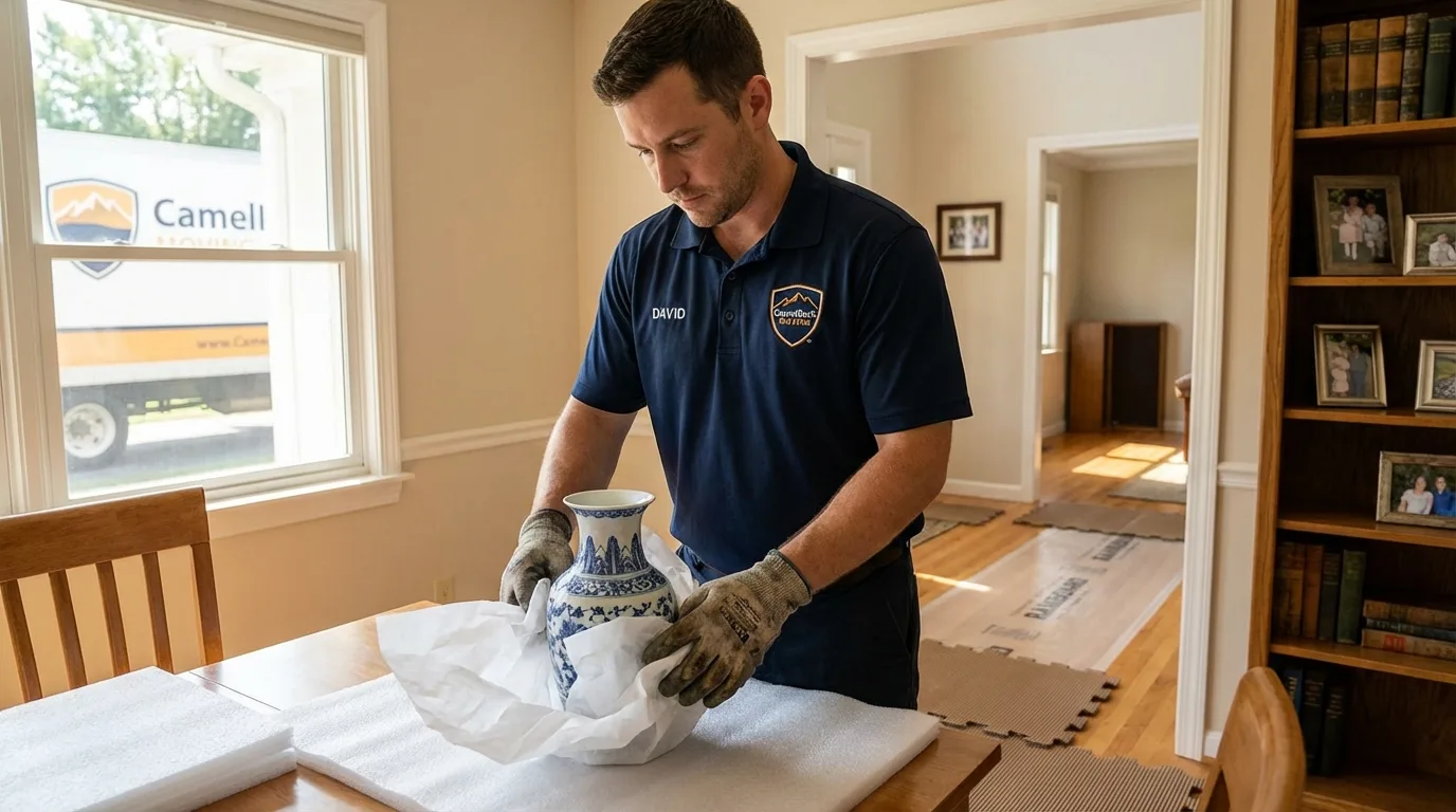 Professional crew carefully wrapping antique vase for senior downsizing move in Wayne City, IL